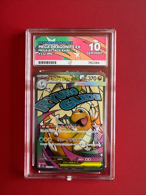 Pokémon trading card in a protective case on a red background